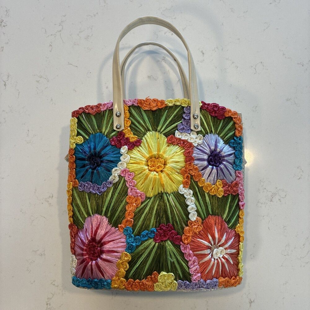 Vintage Straw Floral Purse Faux Leather Strap By Cabana Philippines